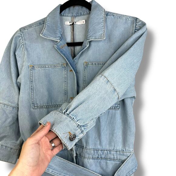NA-KD NWT Cotton Denim Jean Belted Puff Sleeve Button Collard Denim Jumpsuit - Picture 6 of 11